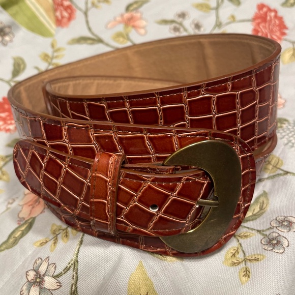 Accessories - Retro Leather Croc Print Brown Belt